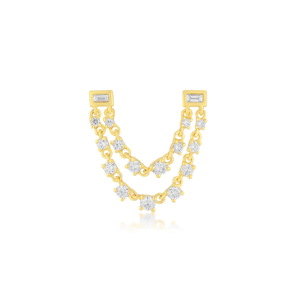 EF Collection Single Baguette Double Diamond Chain Stud Earring