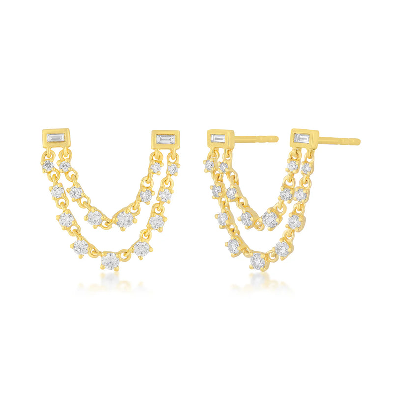 EF Collection Single Baguette Double Diamond Chain Stud Earring