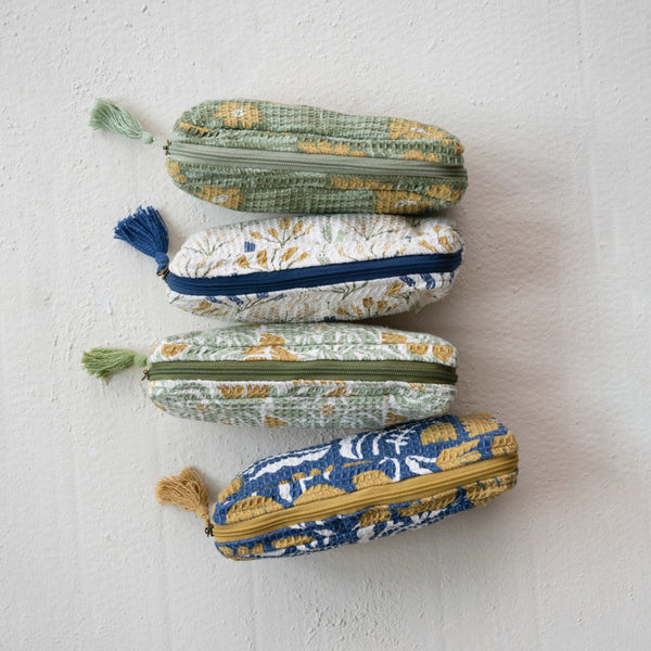 Cotton Printed Waffle Weave Zip Pouch w/ Flowers & Tassel