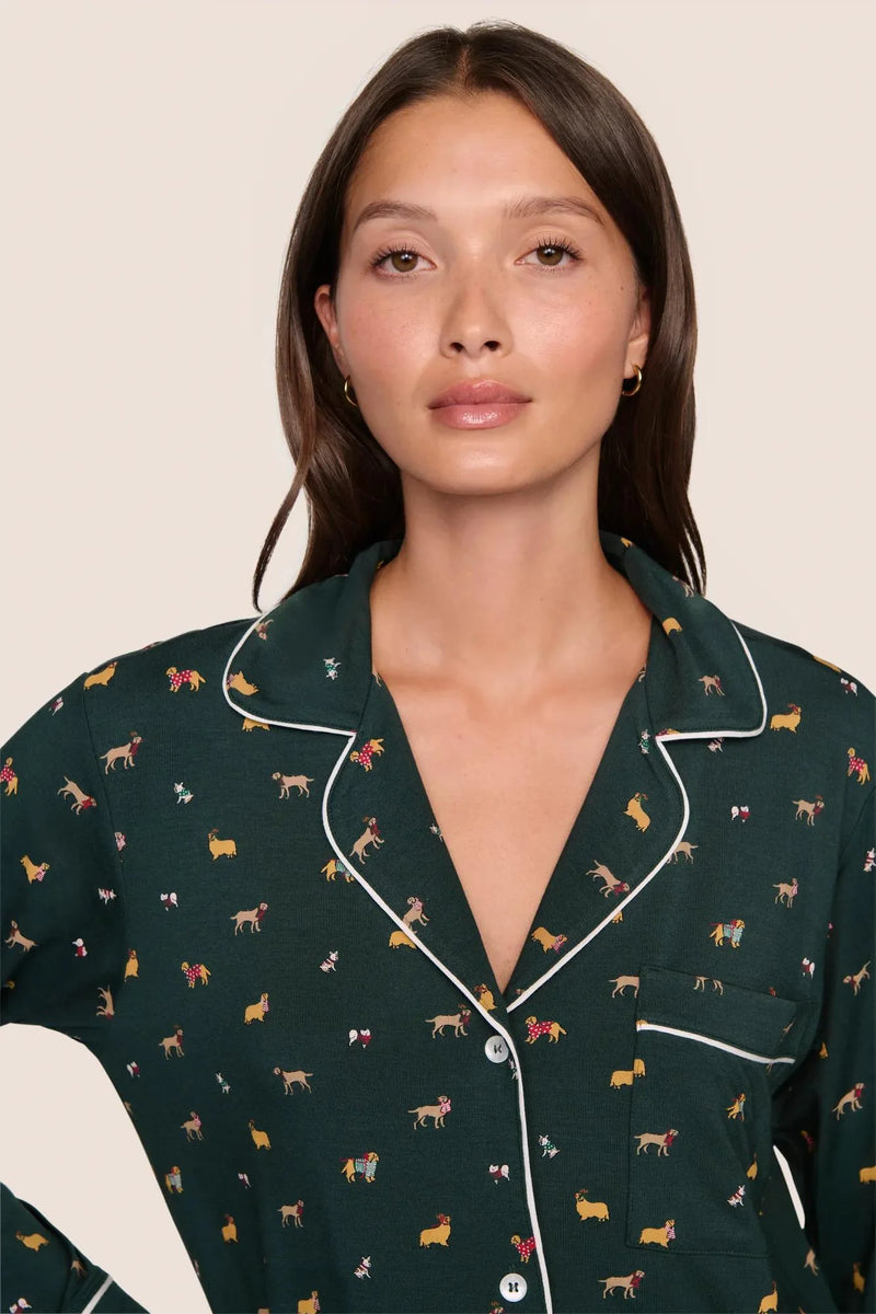 Eberjey Gisele Printed Long Pj Holiday Dogs Pine/Ivory