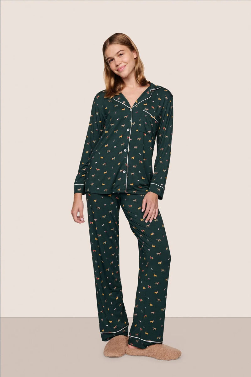 Eberjey Gisele Printed Long Pj Holiday Dogs Pine/Ivory