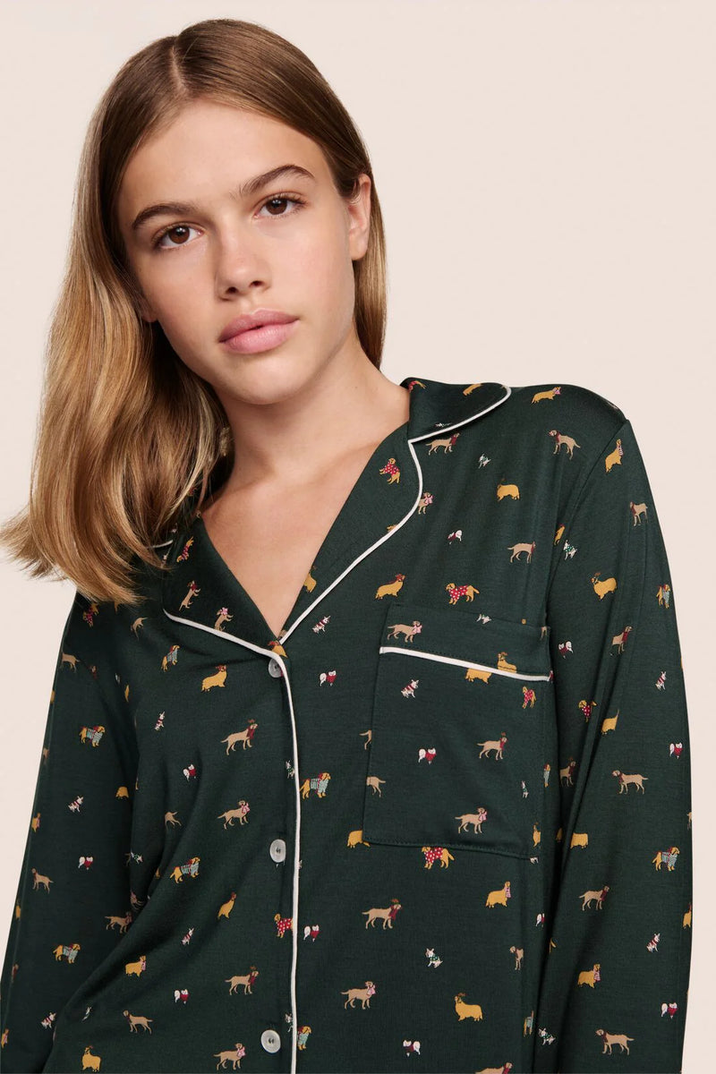 Eberjey Gisele Printed Long Pj Holiday Dogs Pine/Ivory