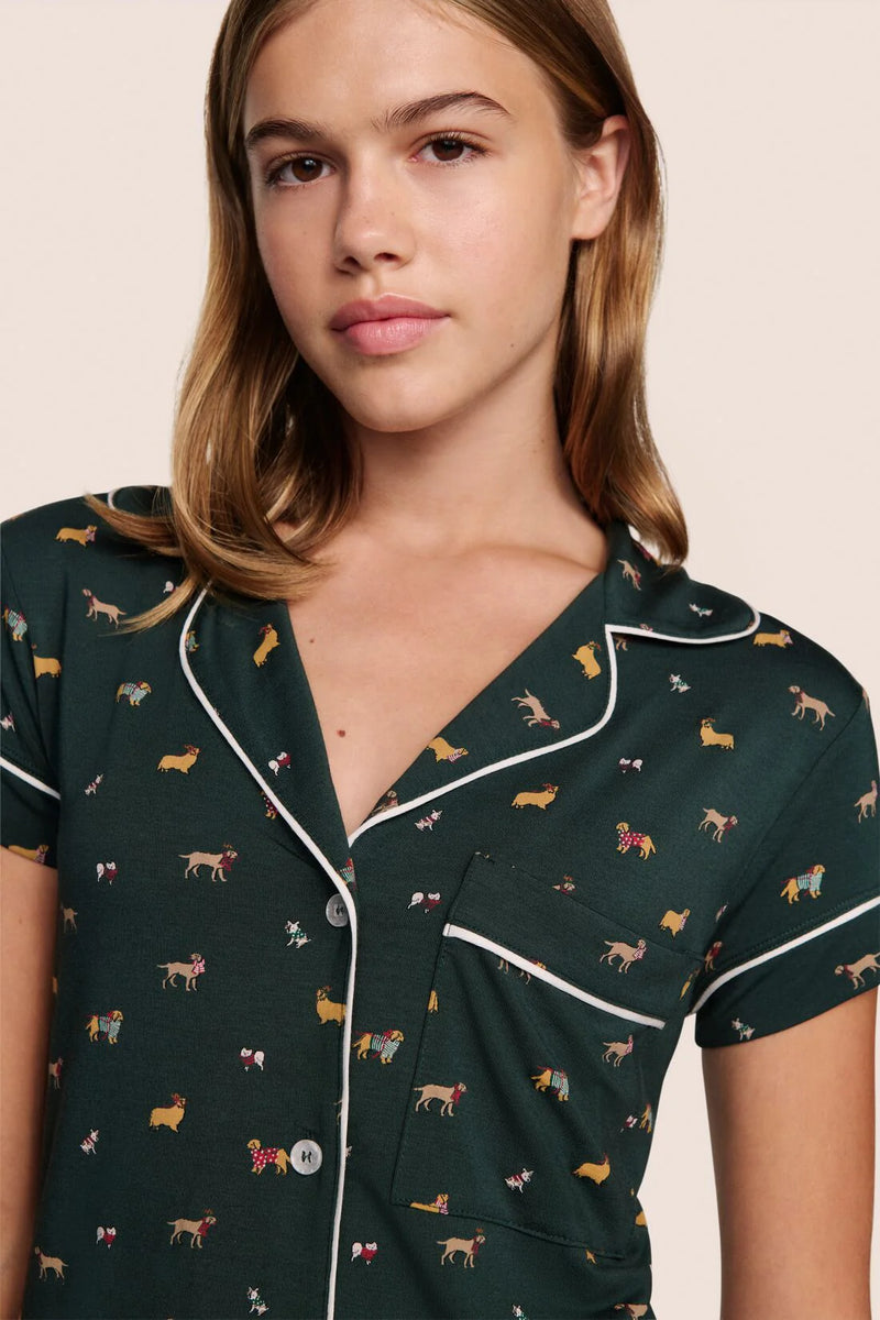 Eberjey Gisele Printed Shortie Pj Holiday Dogs Pine/Ivory