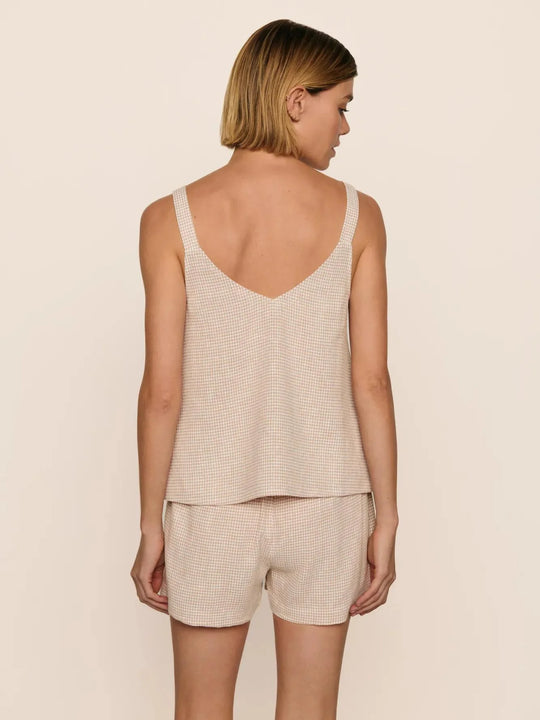 Eberjey Linen Blend V Neck Cami Gingham White/Warm Taupe
