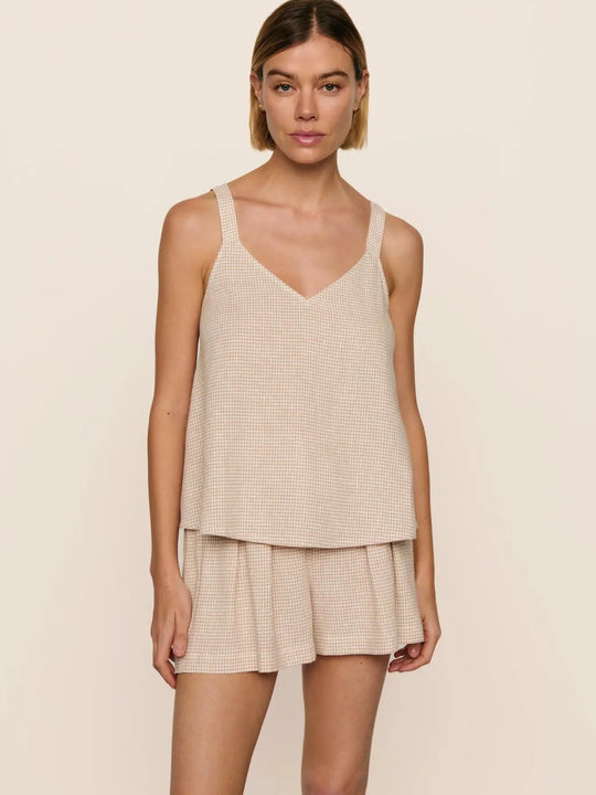 Eberjey Linen Blend V Neck Cami Gingham White/Warm Taupe