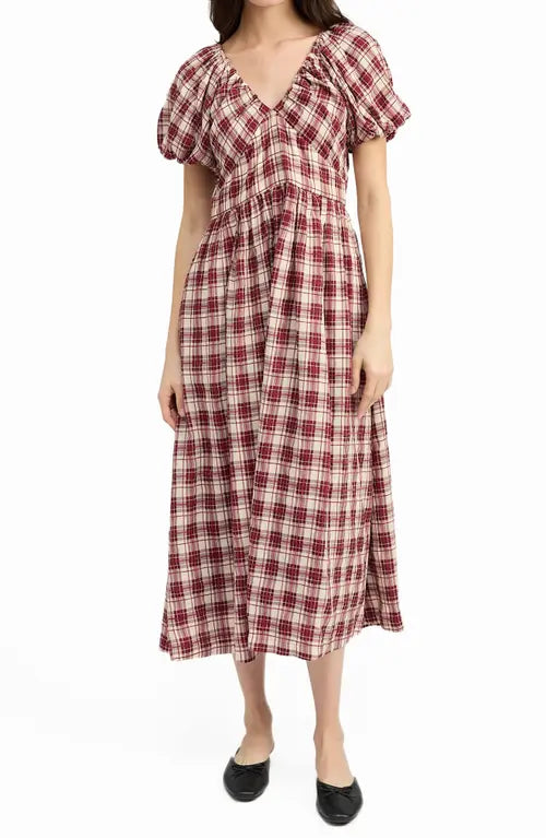 En Saison Plaid Bubble Sleeve Maxi Dress Bordeaux