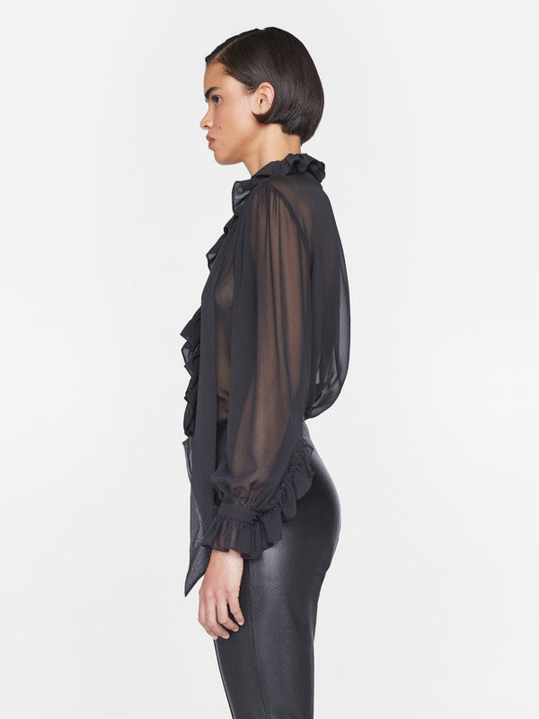 Frame Ruffle Front Button Up Shirt in Noir