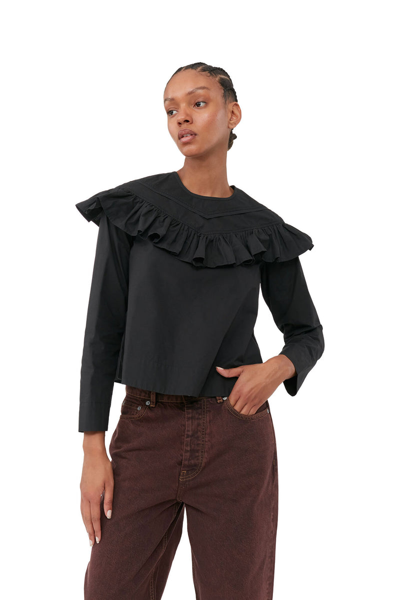 Ganni Cotton Poplin Frill Blouse Black