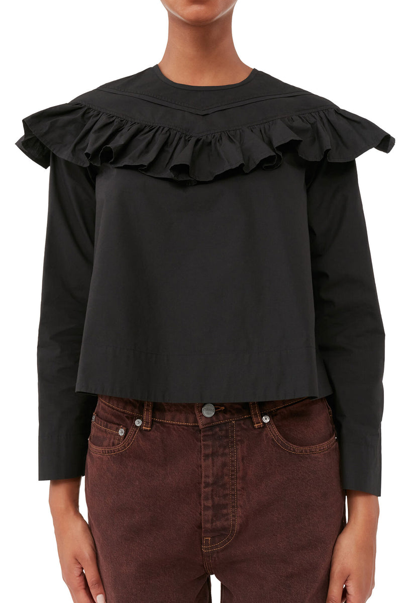 Ganni Cotton Poplin Frill Blouse Black