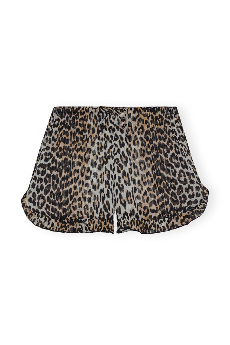 Ganni Light Chiffon Ruffle Shorts Leopard