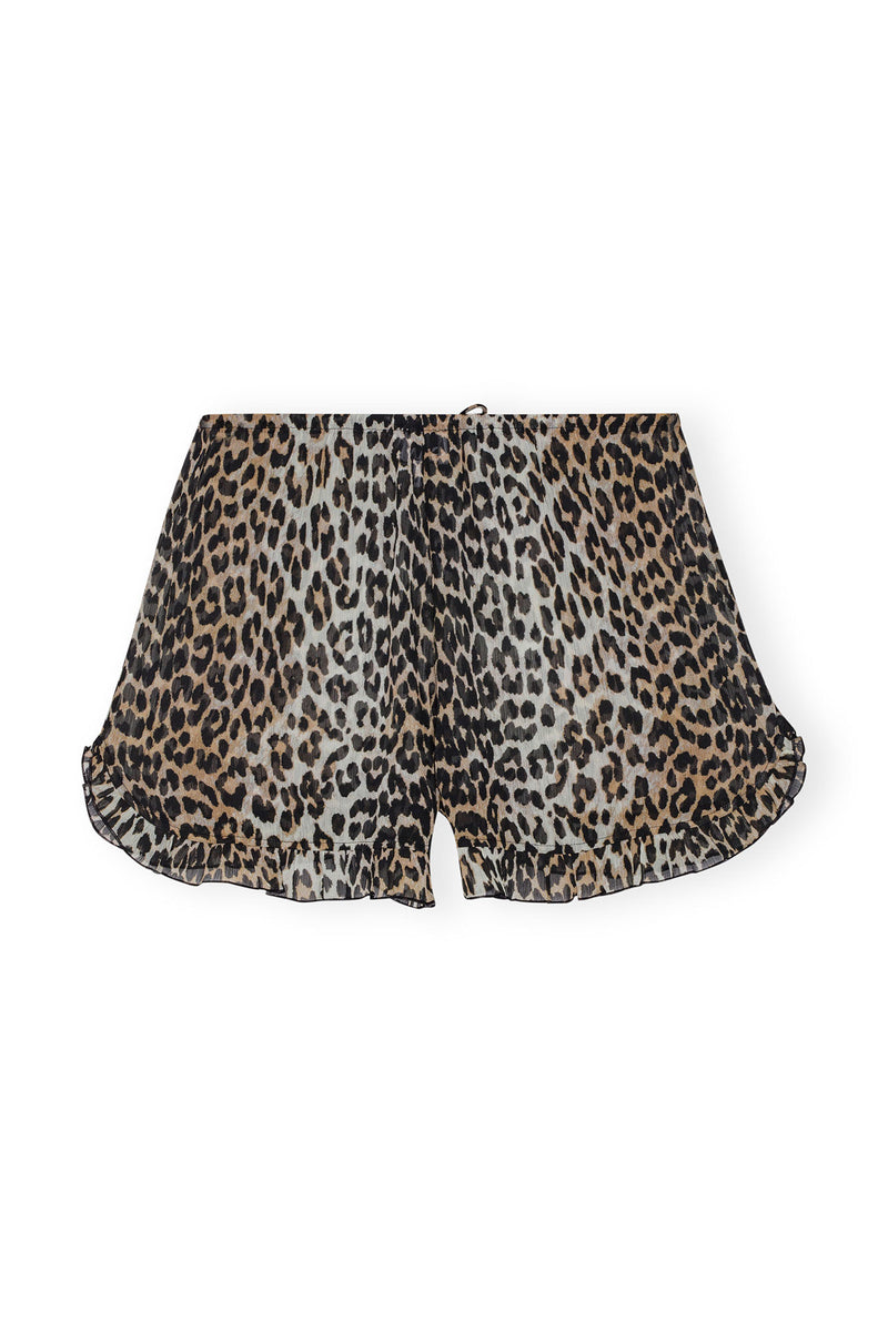 Ganni Light Chiffon Ruffle Shorts Leopard