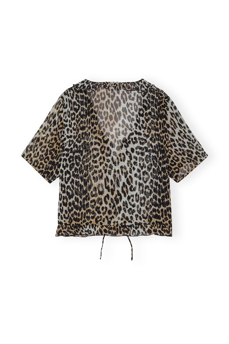 Ganni Light Chiffon Tie String Blouse Leopard