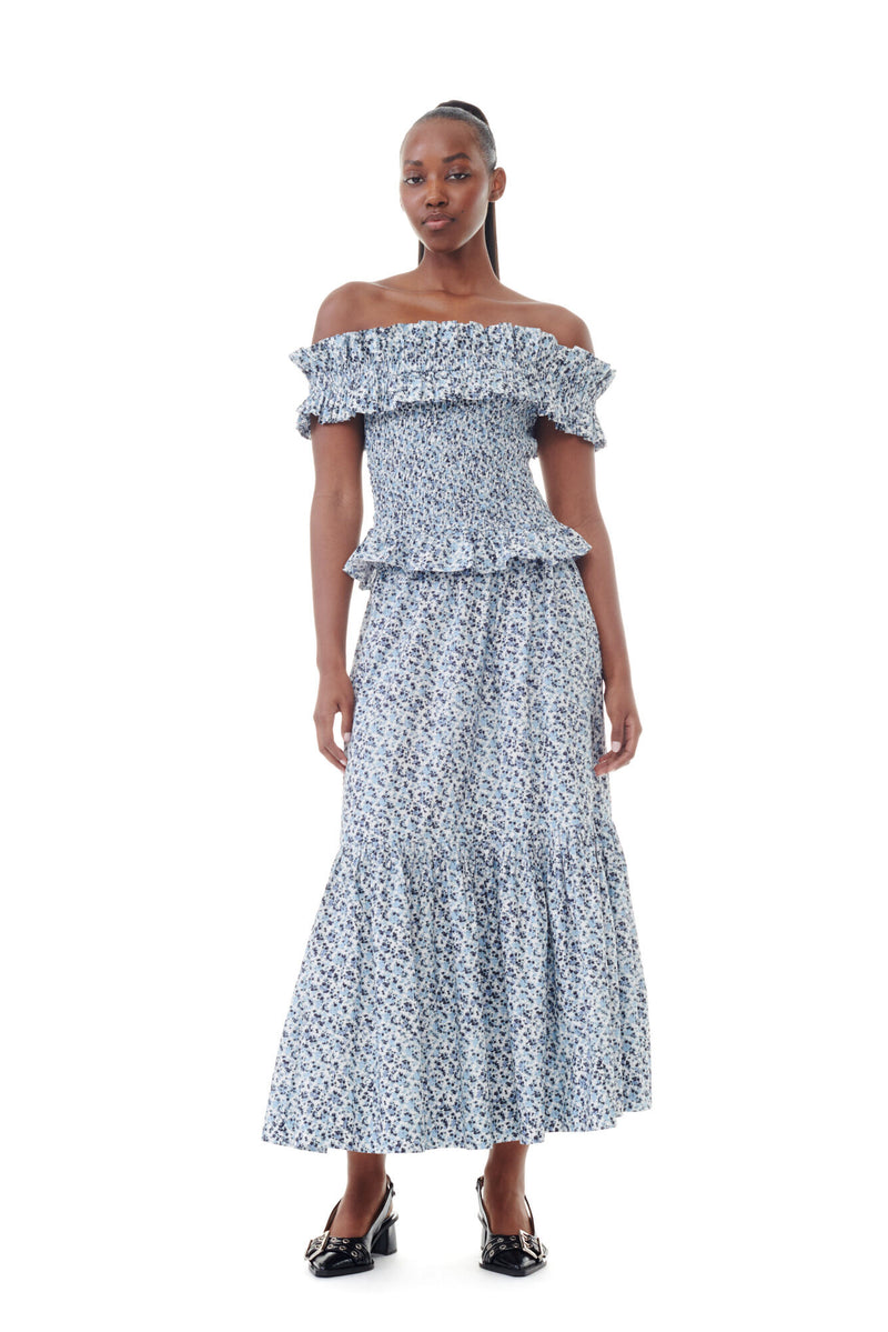 Ganni Printed Cotton Maxi Flounce Skirt Glacier Lake