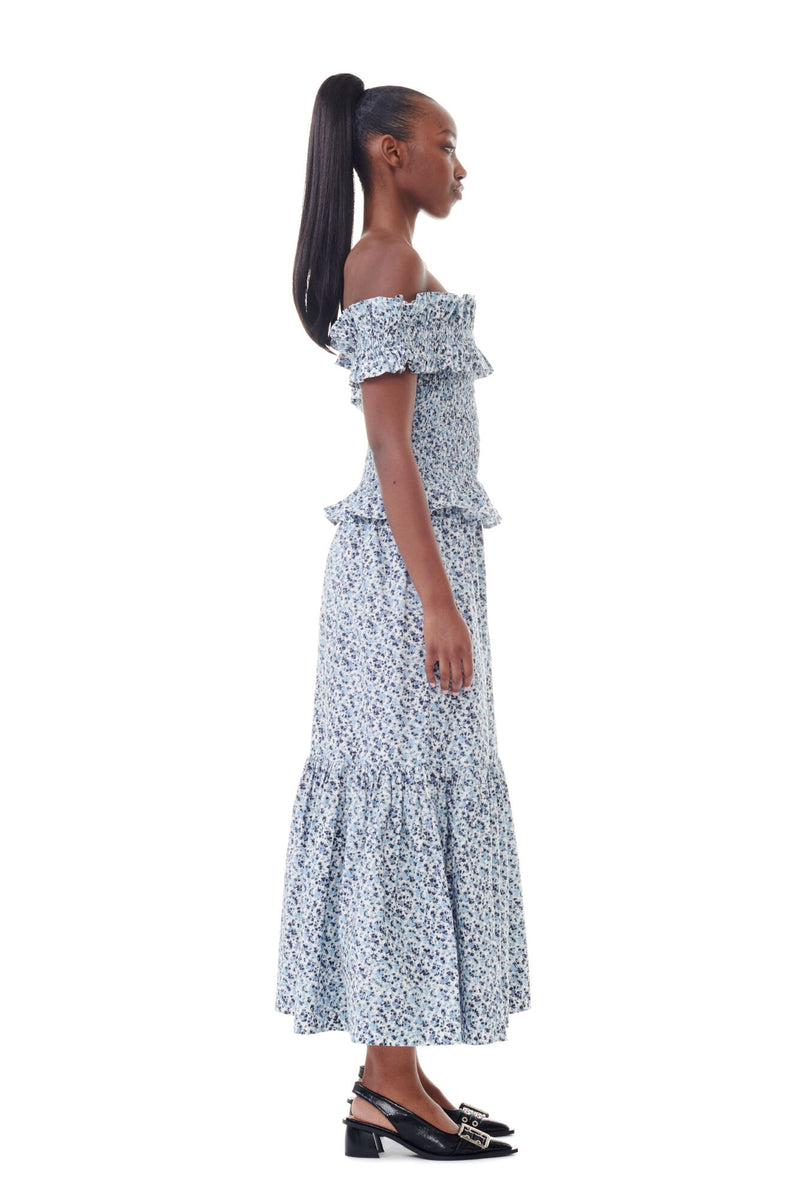 Ganni Printed Cotton Maxi Flounce Skirt Glacier Lake