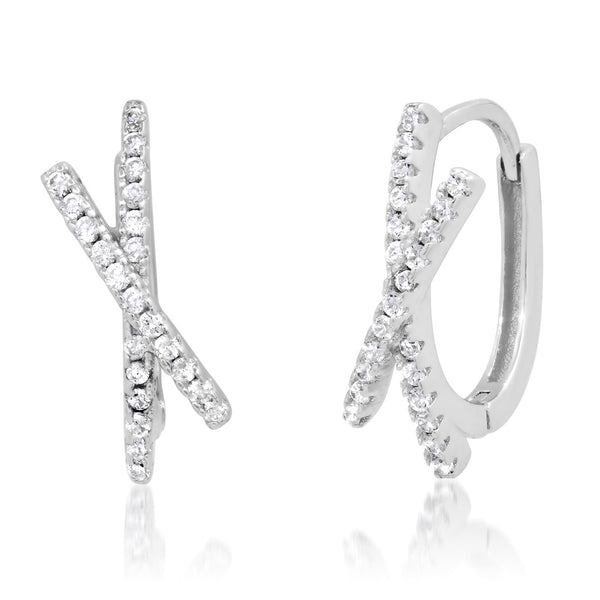 Tai 925 Sterling Silver Huggie Earrings oval/cross with Clear CZ, Sized: 12x5.76mm