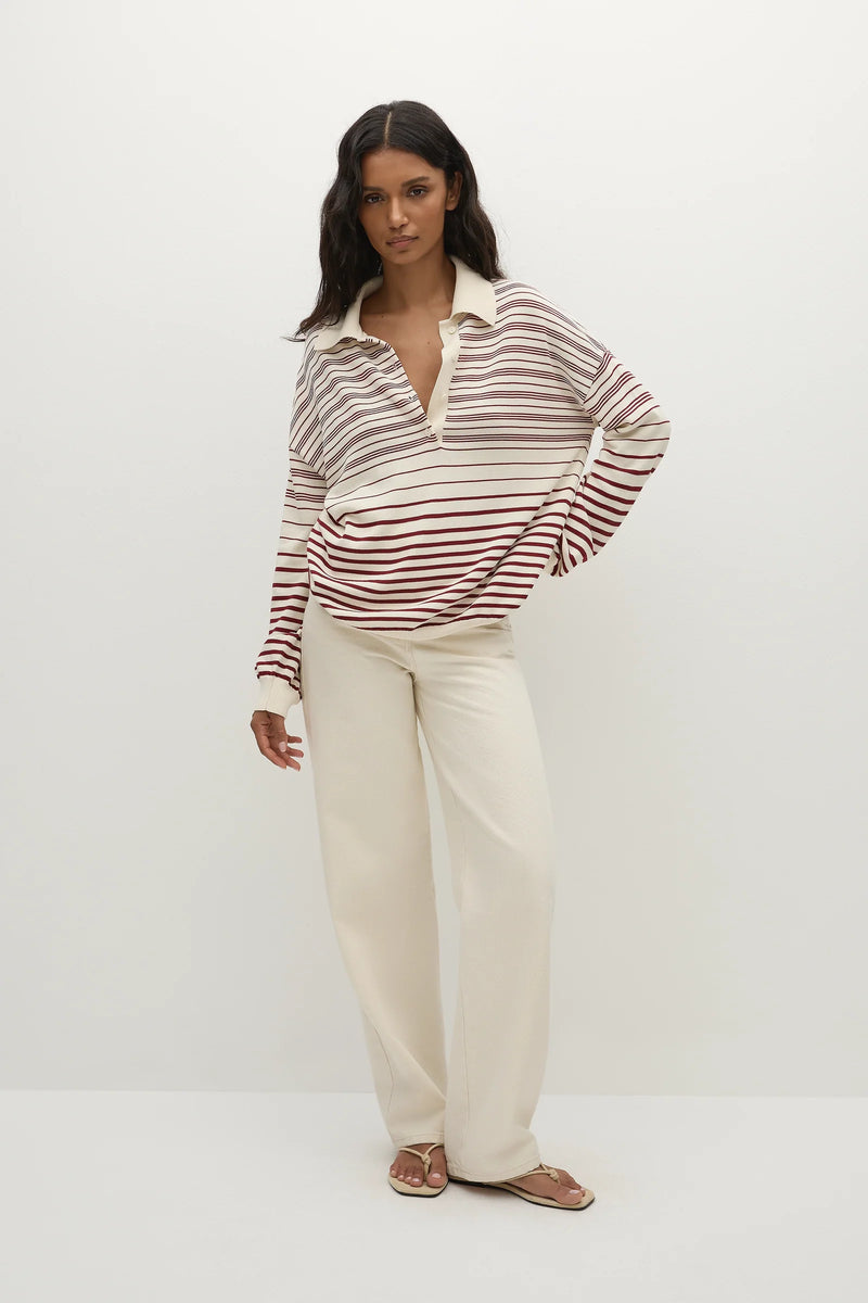 Faithfull the Brand Harlow Oversized Polo Scandi Stripe Red Cream