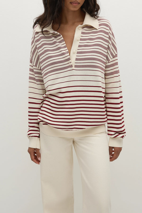 Faithfull the Brand Harlow Oversized Polo Scandi Stripe Red Cream