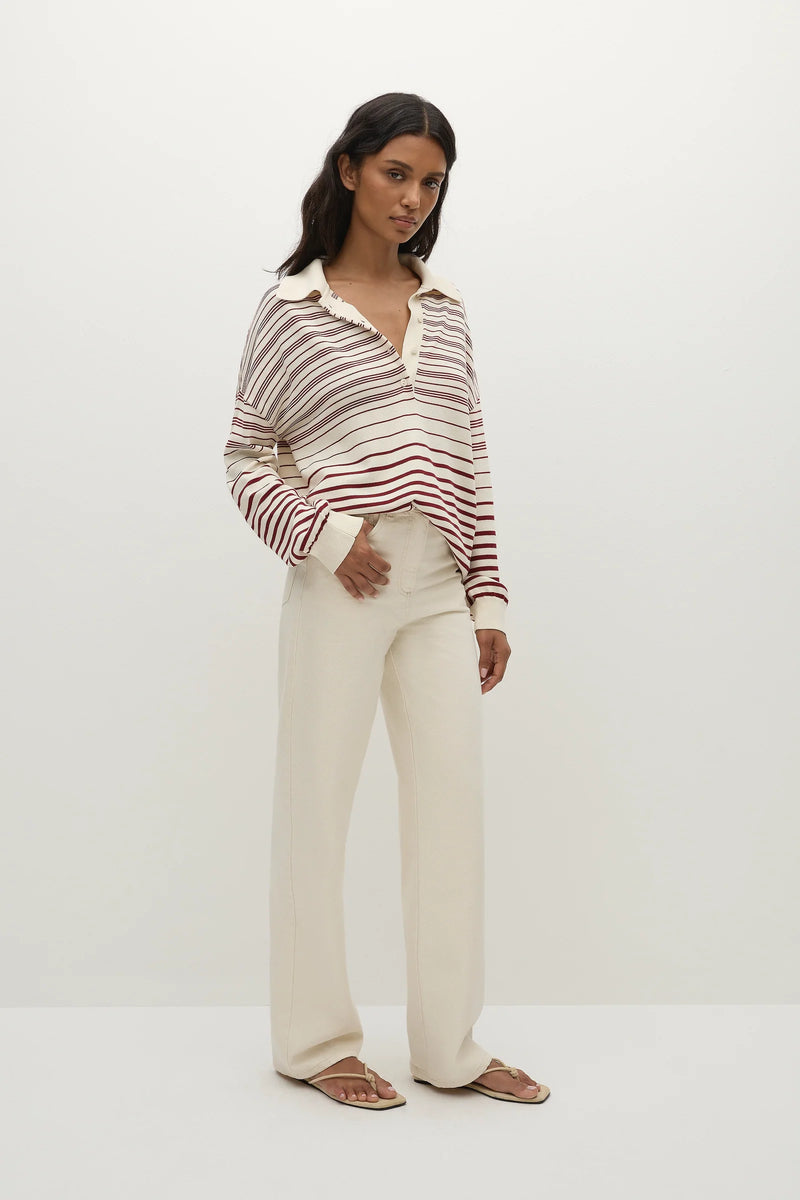 Faithfull the Brand Harlow Oversized Polo Scandi Stripe Red Cream