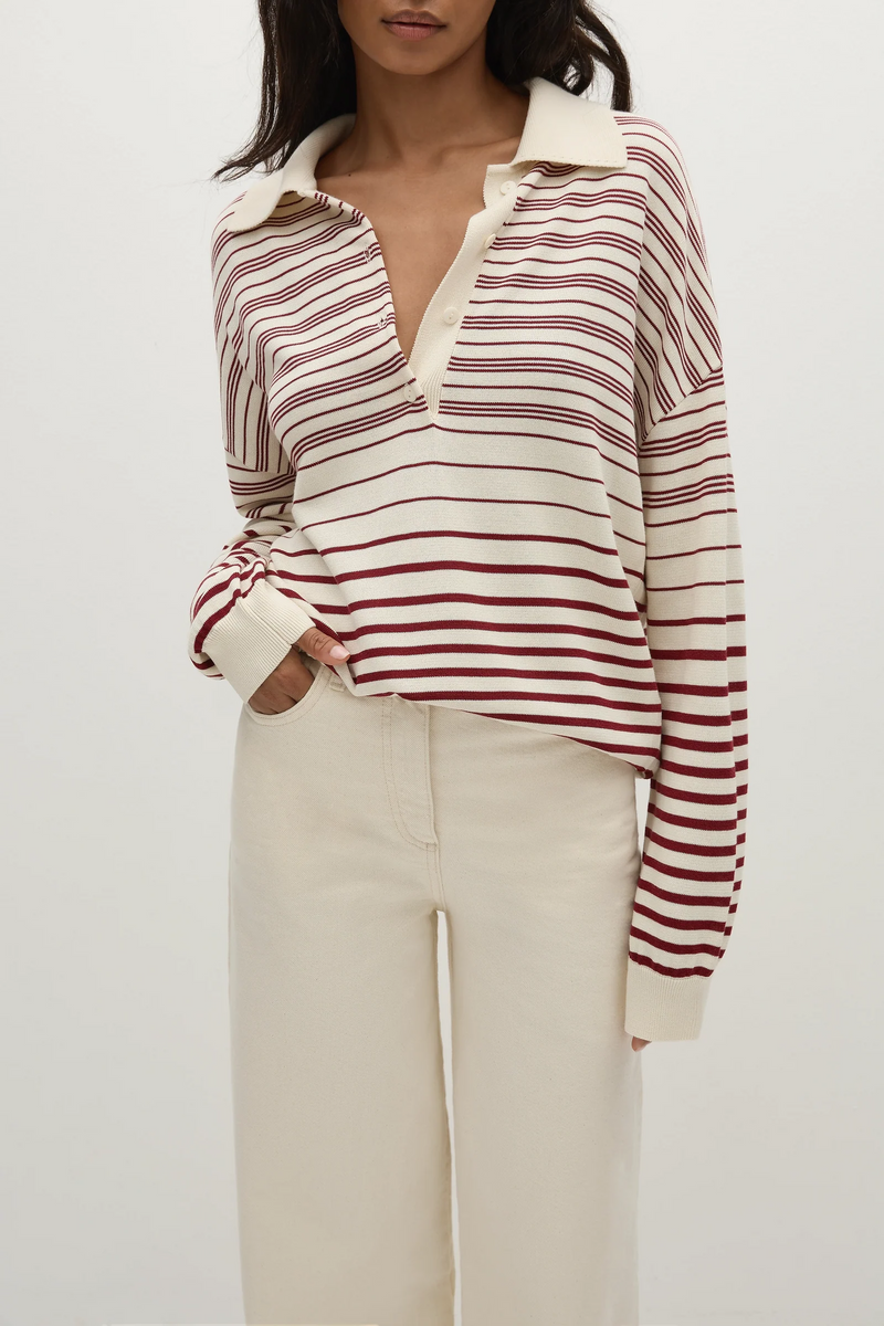 Faithfull the Brand Harlow Oversized Polo Scandi Stripe Red Cream