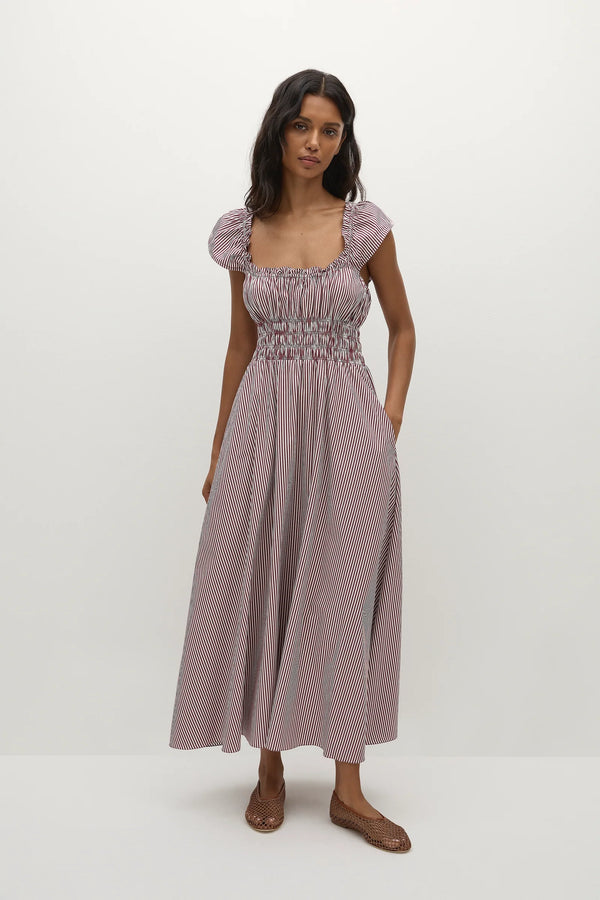 Faithfull the Brand Janne Midi Dress Maia Stripe Burgundy