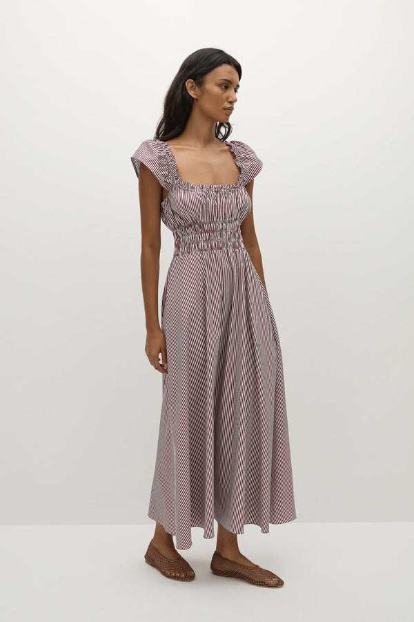 Faithfull the Brand Janne Midi Dress Maia Stripe Burgundy