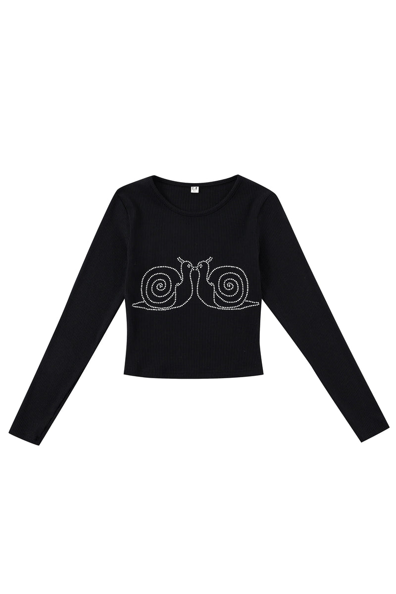 Fashion Brand Company Kissing Snails Long Sleeve Tencel Rib Shirt Black