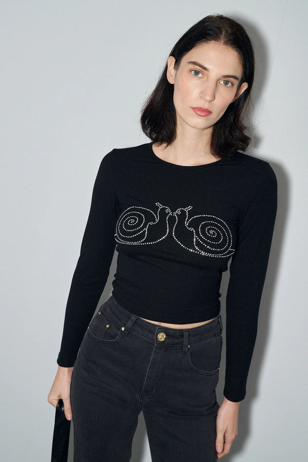 Fashion Brand Company Kissing Snails Long Sleeve Tencel Rib Shirt Black
