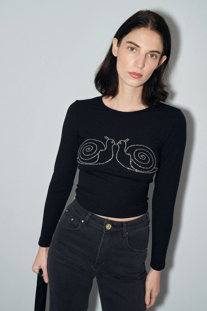 Fashion Brand Company Kissing Snails Long Sleeve Tencel Rib Shirt Black