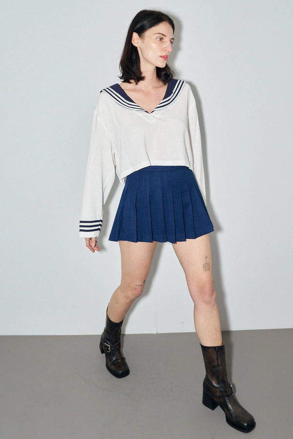 Fashion Brand Company Linen Sailor Crop Top White/Navy
