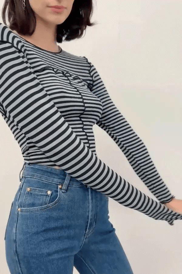 Fashion Brand Company Long Sleeve Knit Tencel/Wool Top Blue Stripe