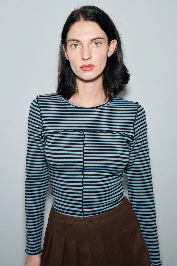 Fashion Brand Company Long Sleeve Knit Tencel/Wool Top Blue Stripe