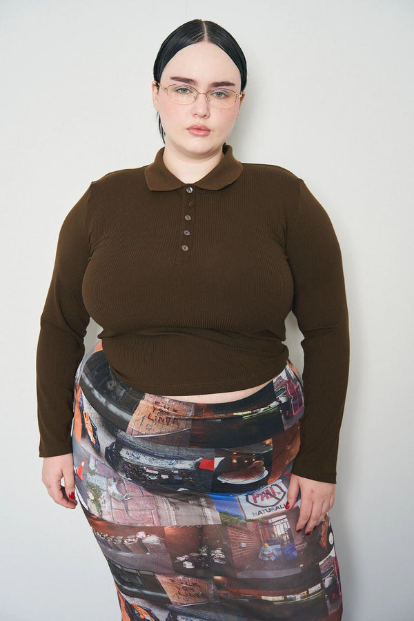 Fashion Brand Company Long Sleeve Polo Coffee