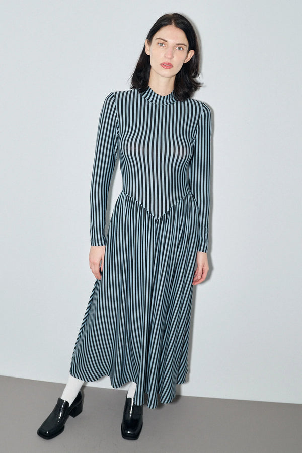 Fashion Brand Company Tencel & Wool Long Sleeve Travel Dress Blue Stripe