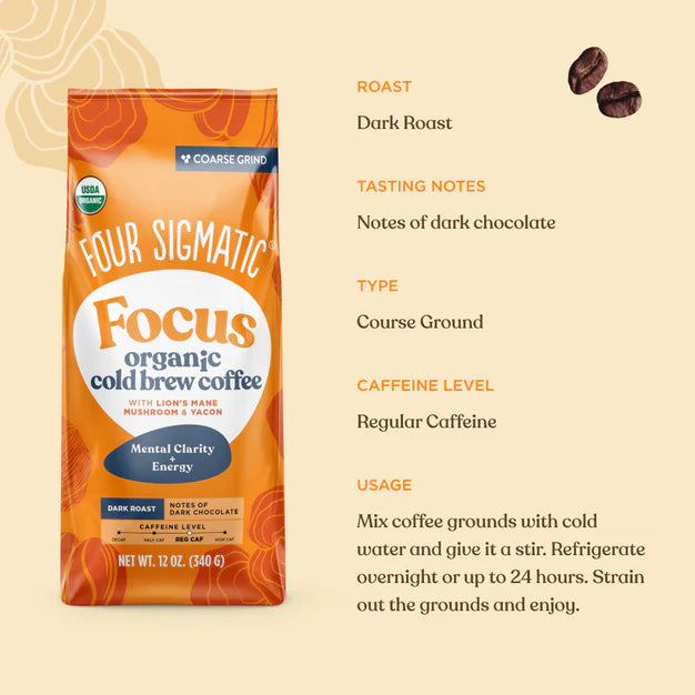 Four Sigmatic  FOCUS Cold Brew Organic Ground Coffee with Lion'sMane & Yacon Mushrooms