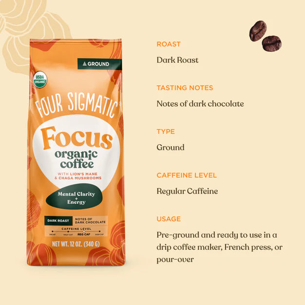 Four Sigmatic  FOCUS Organic Ground Coffee with Lion's Mane &Chaga Mushrooms