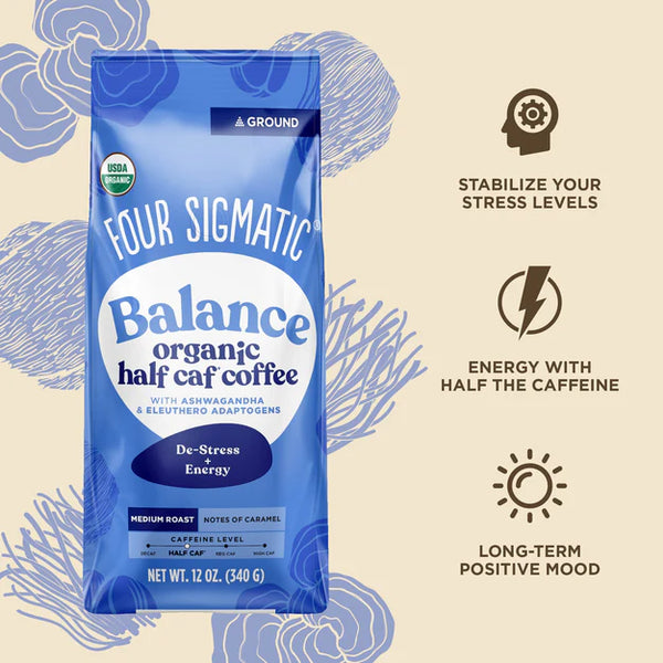 Four sigmatic BALANCE Organic Half Caf Ground Coffee with Ashwagandha & Eleuthero Adaptogens Half Caffeine