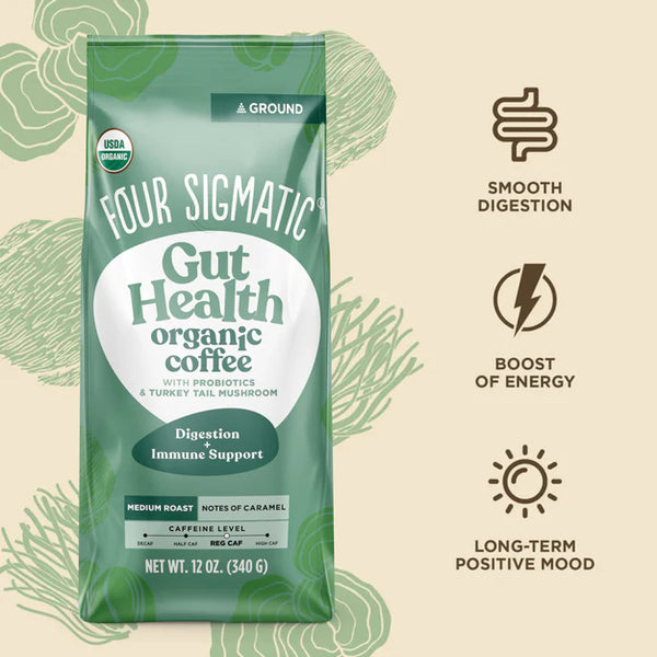 Four sigmatic HAPPY GUT Organic Ground Coffee with Probiotics & Turkey Tail Mushrooms