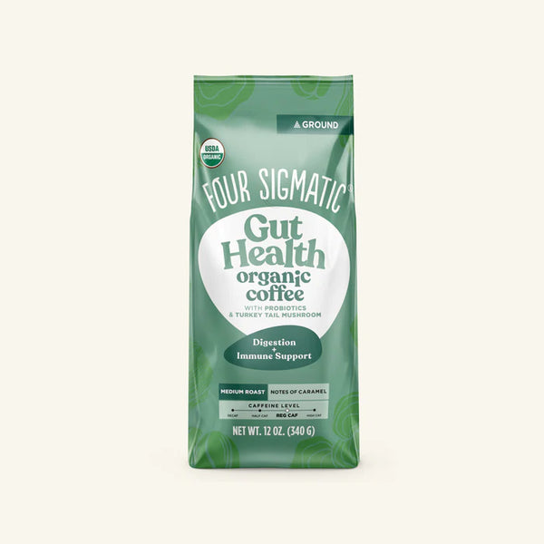 Four sigmatic HAPPY GUT Organic Ground Coffee with Probiotics & Turkey Tail Mushrooms