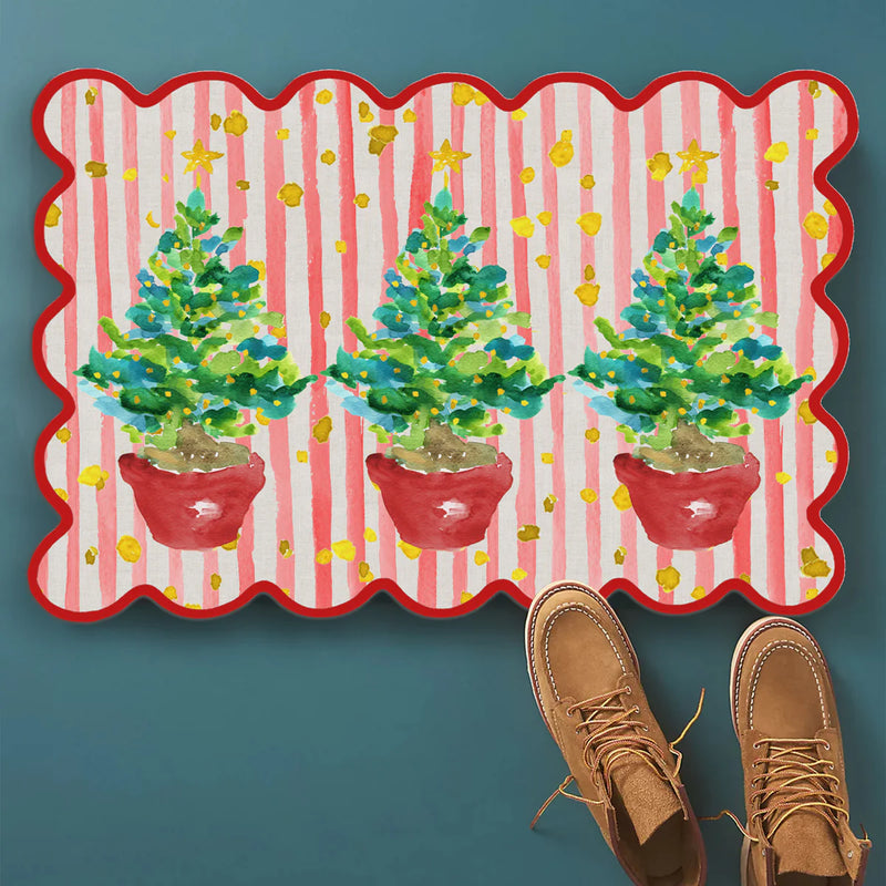 French Graffiti Red Potted Christmas Trees Vinyl Floor Mat