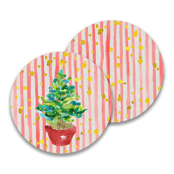 French Graffiti Red Potted Christmas Tree with Lights Paper Drink Coaster