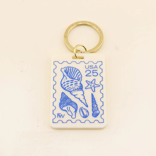 Freshwater Curated Goods Seashell Postage Stamp Keychain Cream, On Card