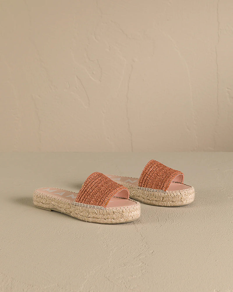 Manebi double sole slides orange rust raffia stripes; yucatan