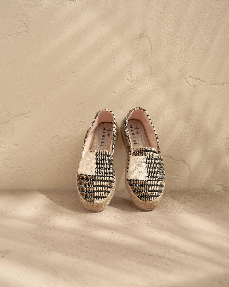 Manebi double sole espadrilles white natural and black silk and cotton patchwork; yucatan