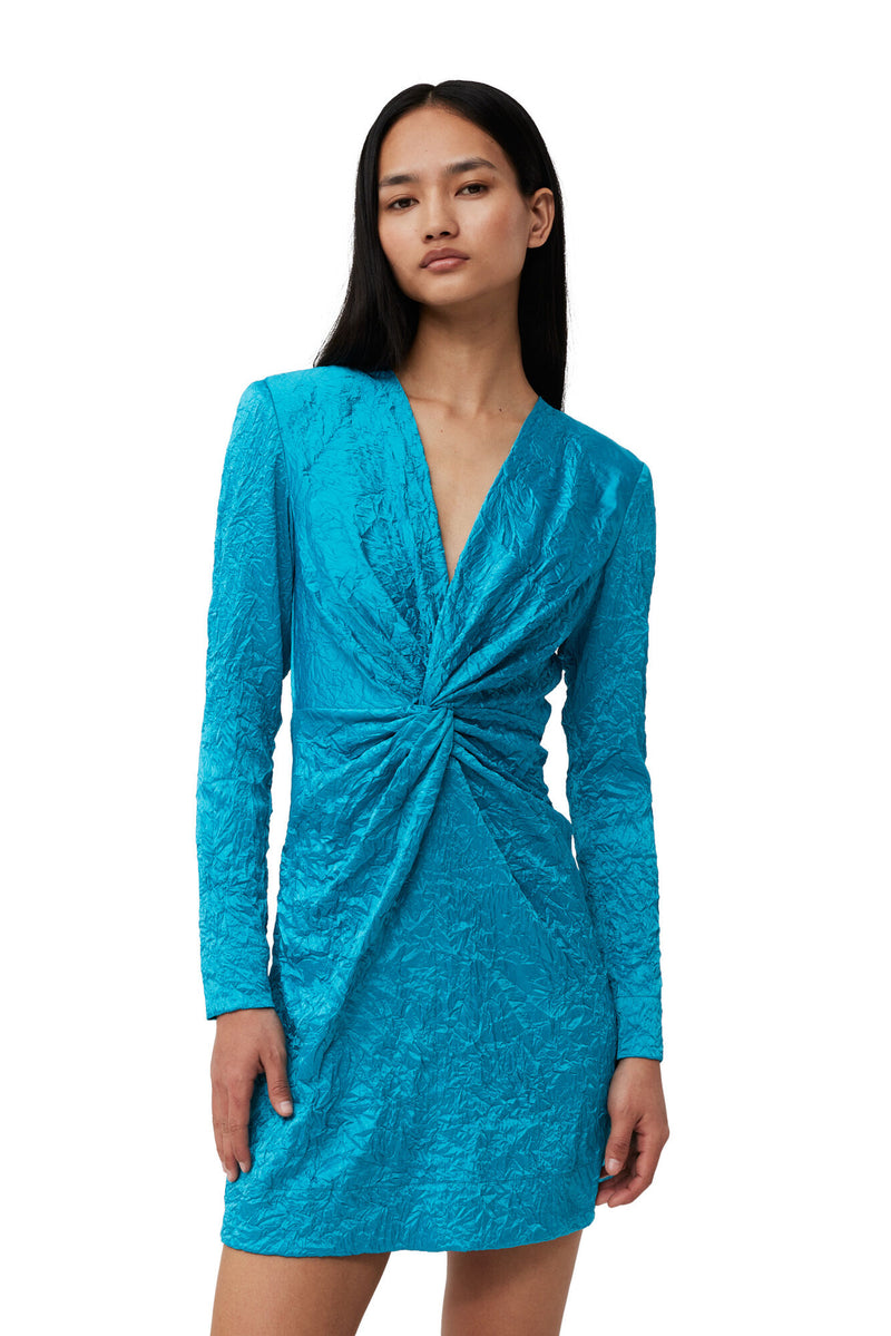 Ganni Crinkled Satin Gathered Knot Mini Dress Algiers Blue