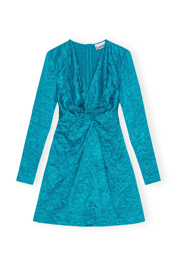Ganni Crinkled Satin Gathered Knot Mini Dress Algiers Blue