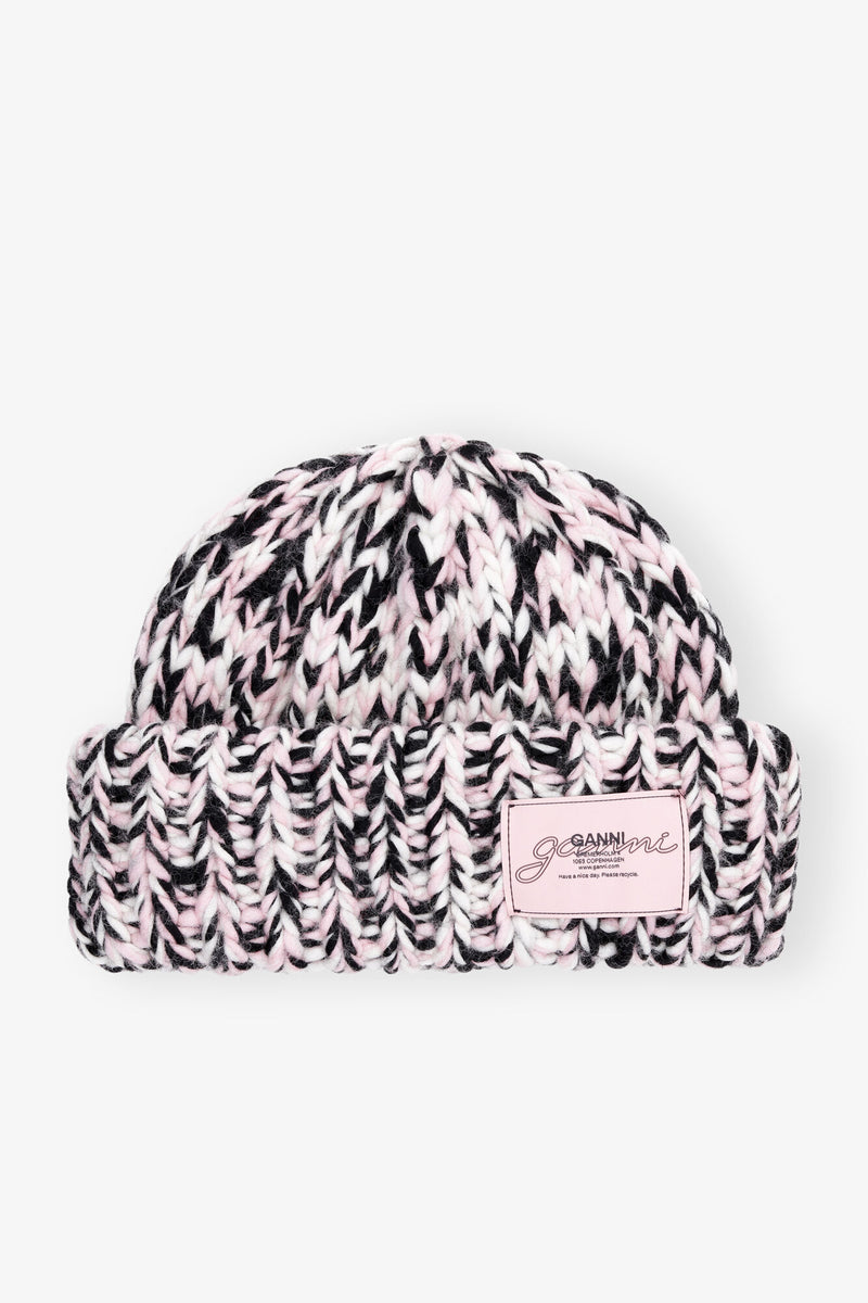 Ganni Graphic Wool Handknit Beanie Chalk Pink