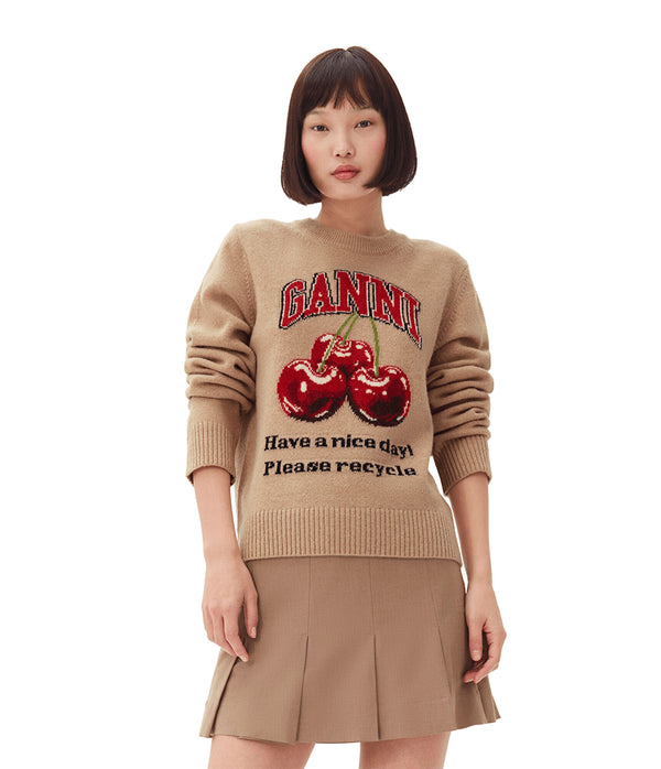 Ganni Graphic Wool Mix Cherry Crewneck Safari