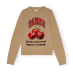 Ganni Graphic Wool Mix Cherry Crewneck Safari