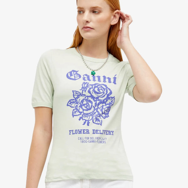 Ganni Light Cotton Jersey Flower Fitted T-Shirt