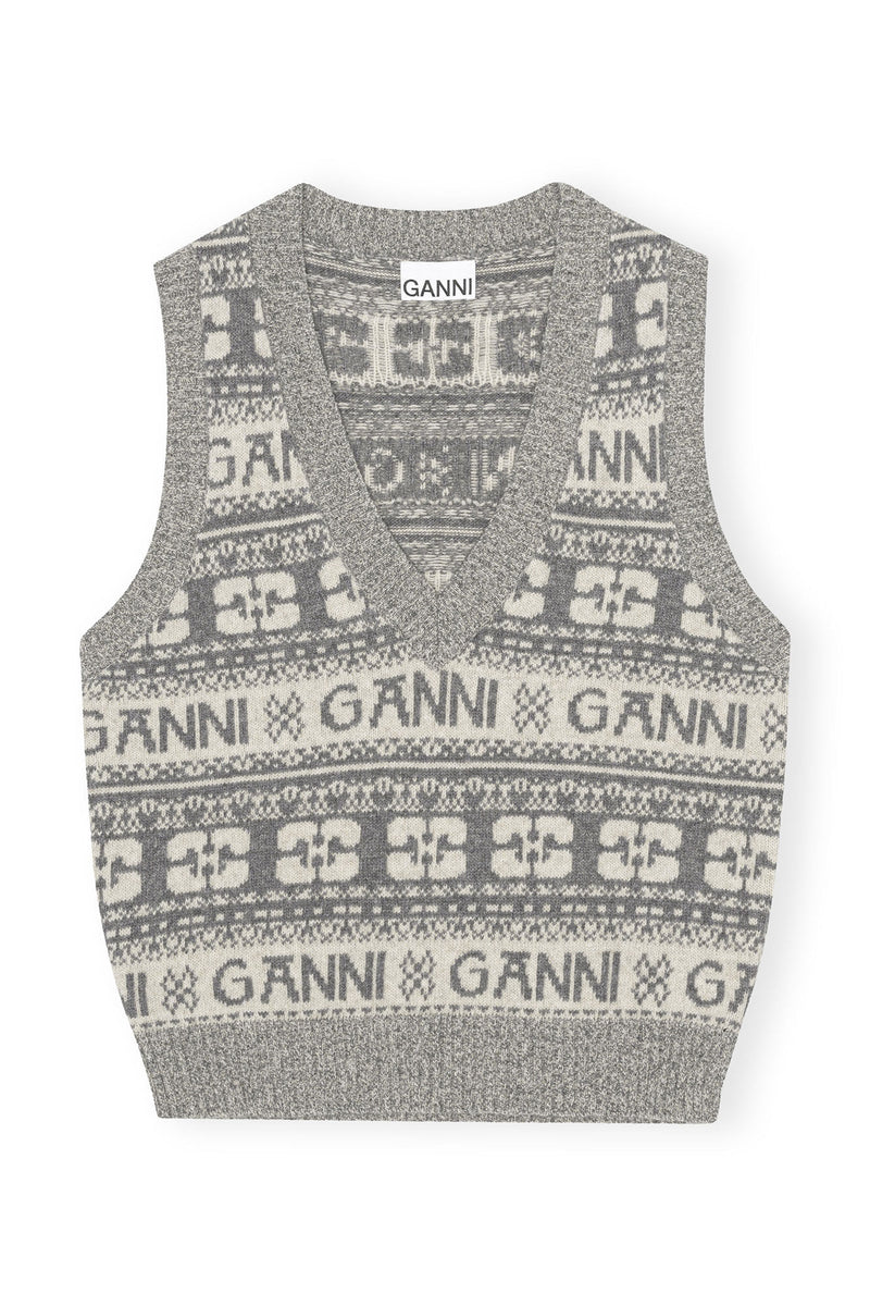 Ganni Logo Wool Mix Vest Frost Gray